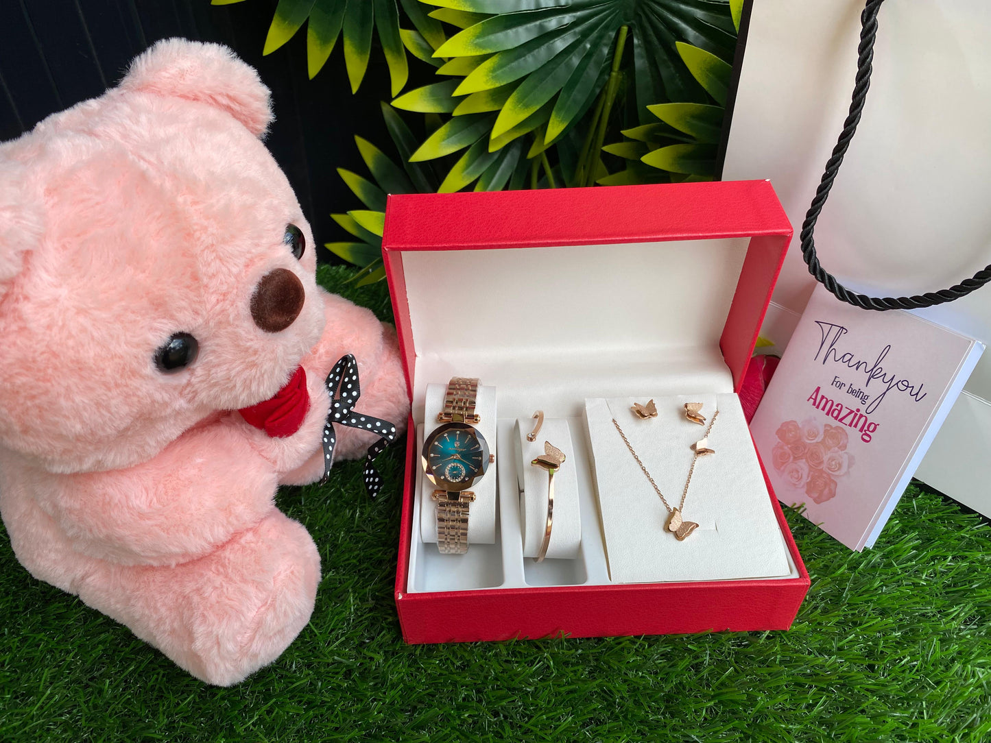 4 in 1 Valentines Ladies Gift Set with Doll - Gold Green Watch