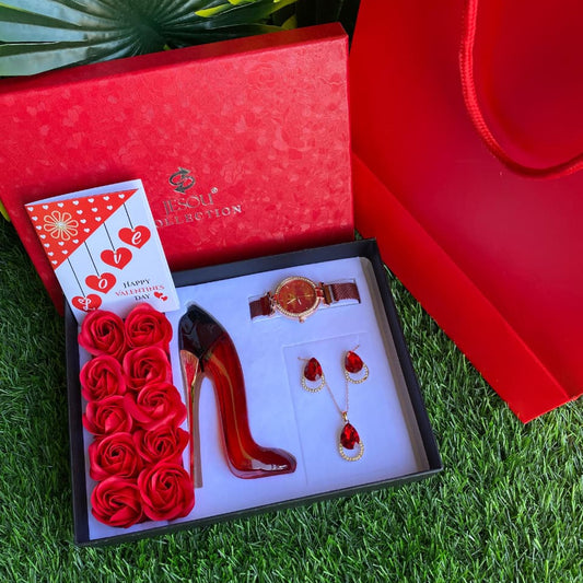 Floral Valentine’s Ladies Gift Set – Watch, Jewelry, Perfume & Preserved Roses Red