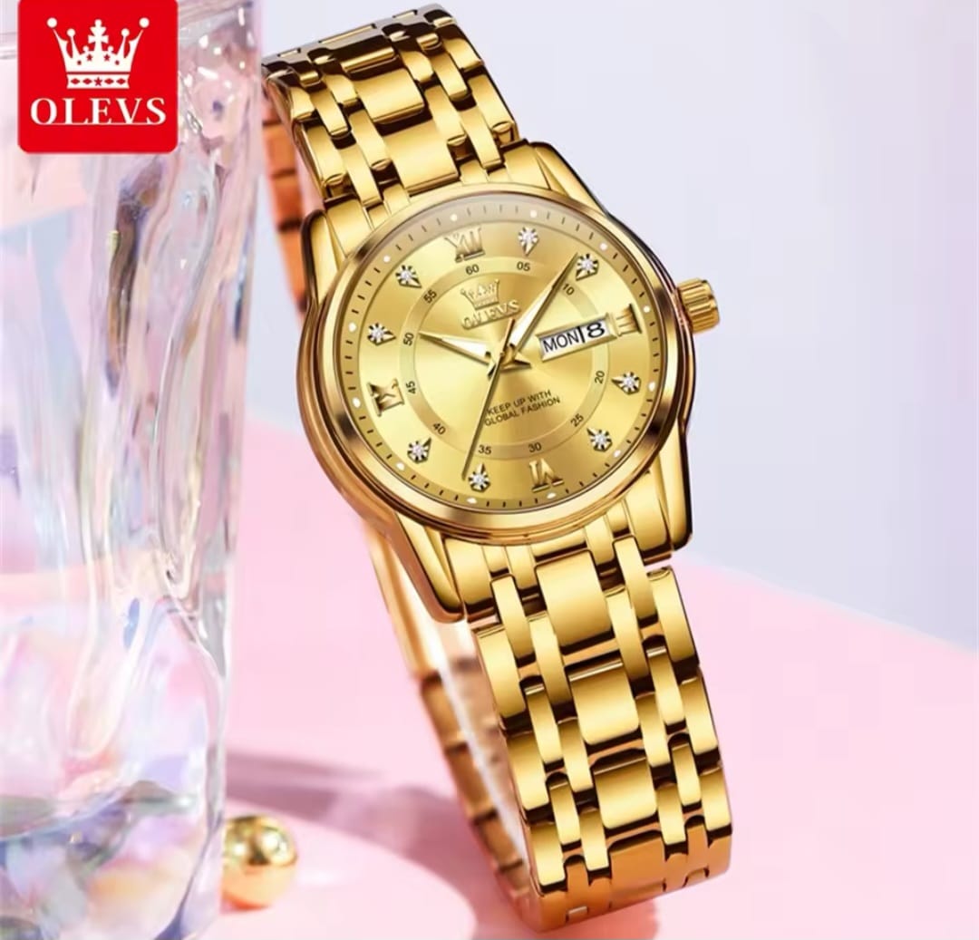 OLEVS 5513 Water Resistant Stainless Steel Luminous Couple Watch - Gold