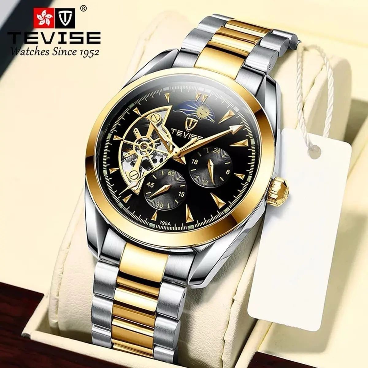 TEVISE 795A Automatic Mechanical Stainless Steel Men's Watch Gold Black