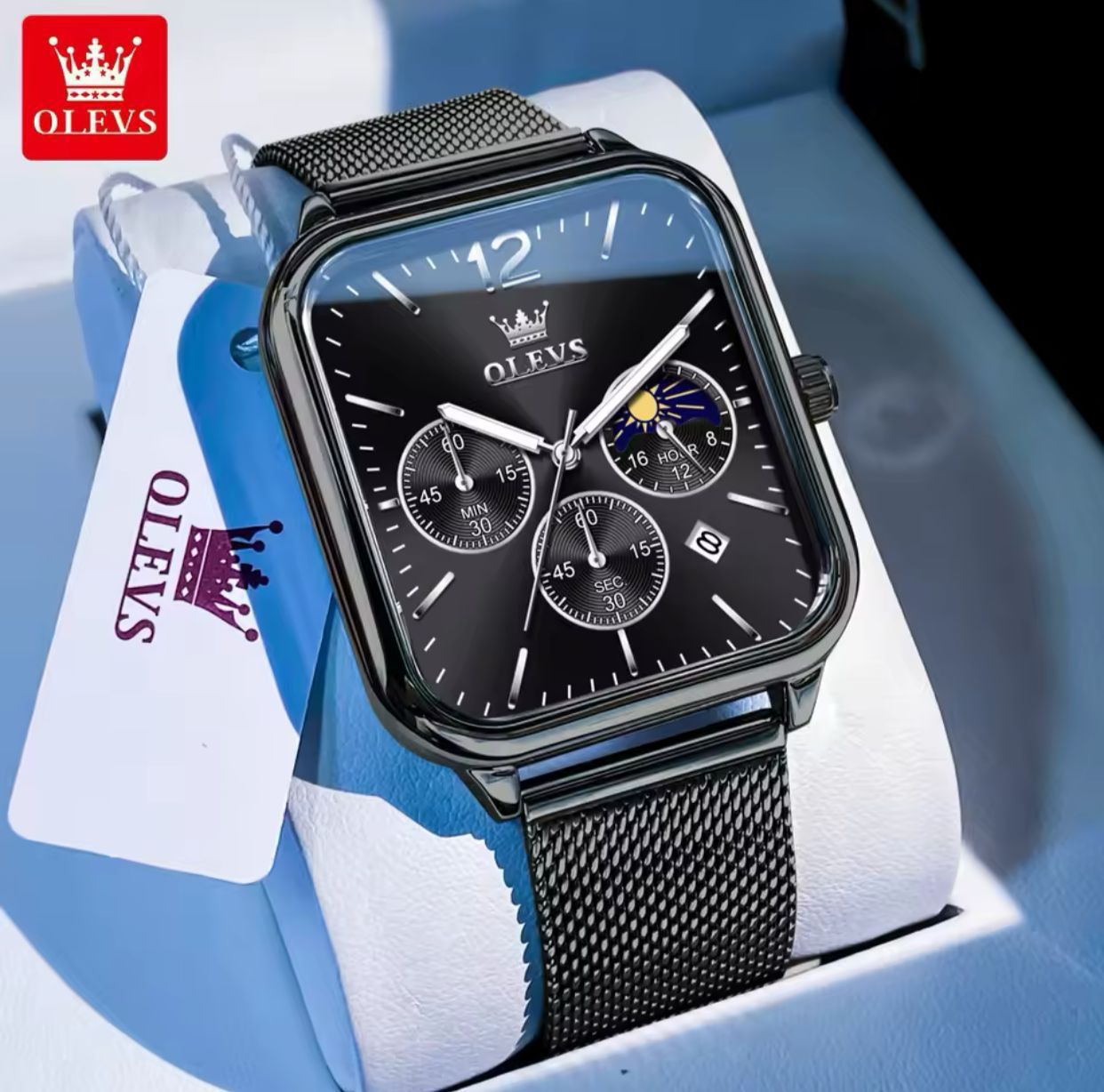 OLEVS Stainless Steel Mesh Strap Chronograph Water Proof Men's Watch - Black