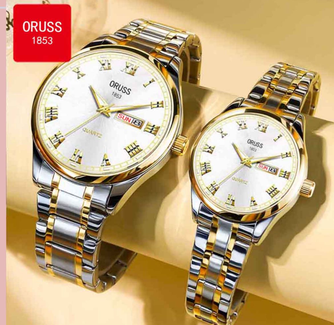 ORUSS Stainless Steel Water Resistant Couple Watch - 2Tone White
