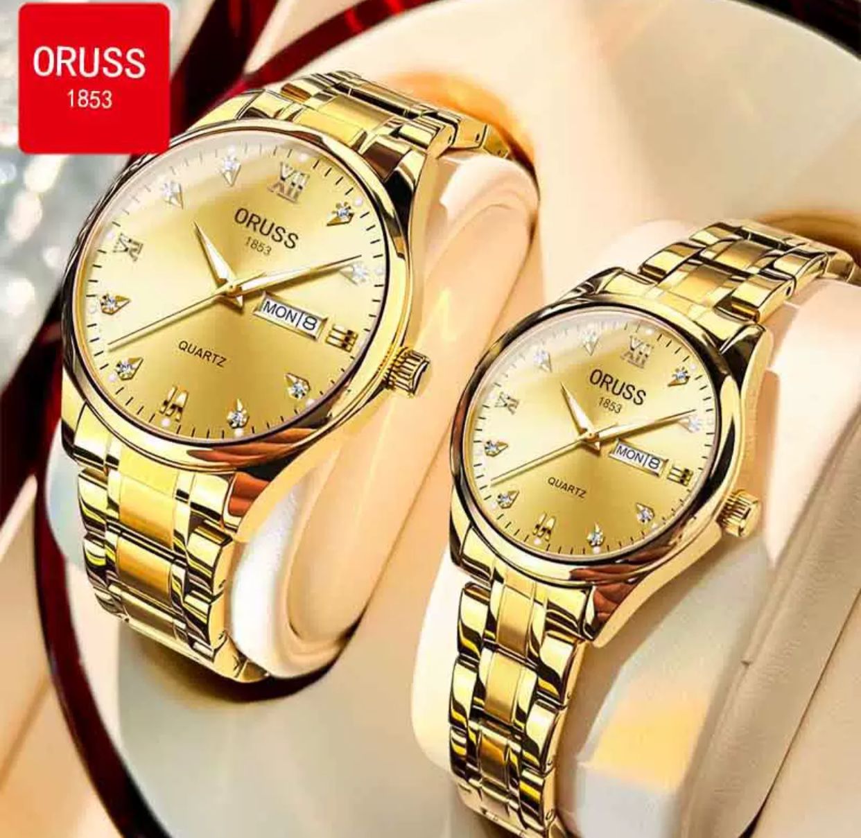 ORUSS Stainless Steel Water Resistant Couple Watch - Gold