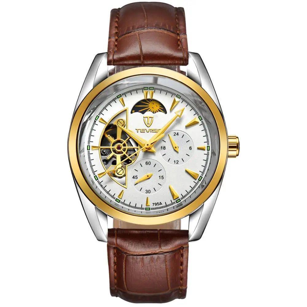 TEVISE 795A Automatic Mechanical Genuine Leather Men's Watch Gold