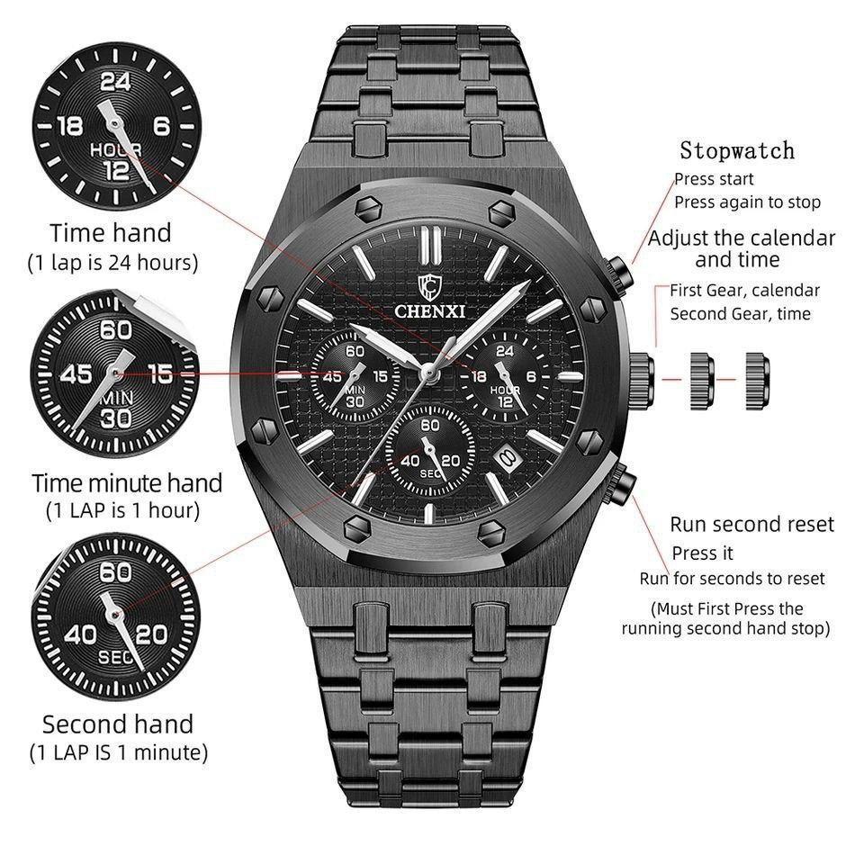 CHENXI Hexagonal Chronograph Stainless Steel Luminous Men's Watch - Black