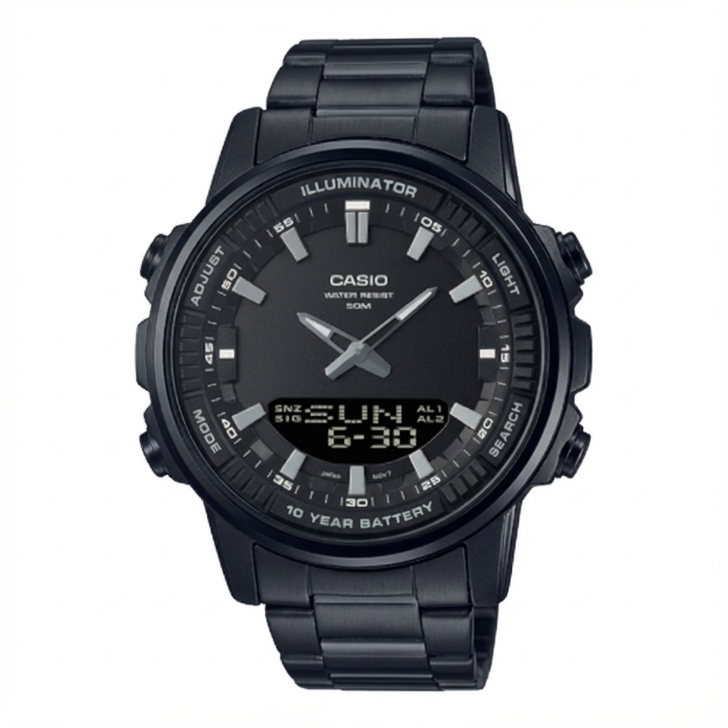 Casio AMW-880D Dual Time Stainless Steel Water Resistant Men's Watch - Full Black