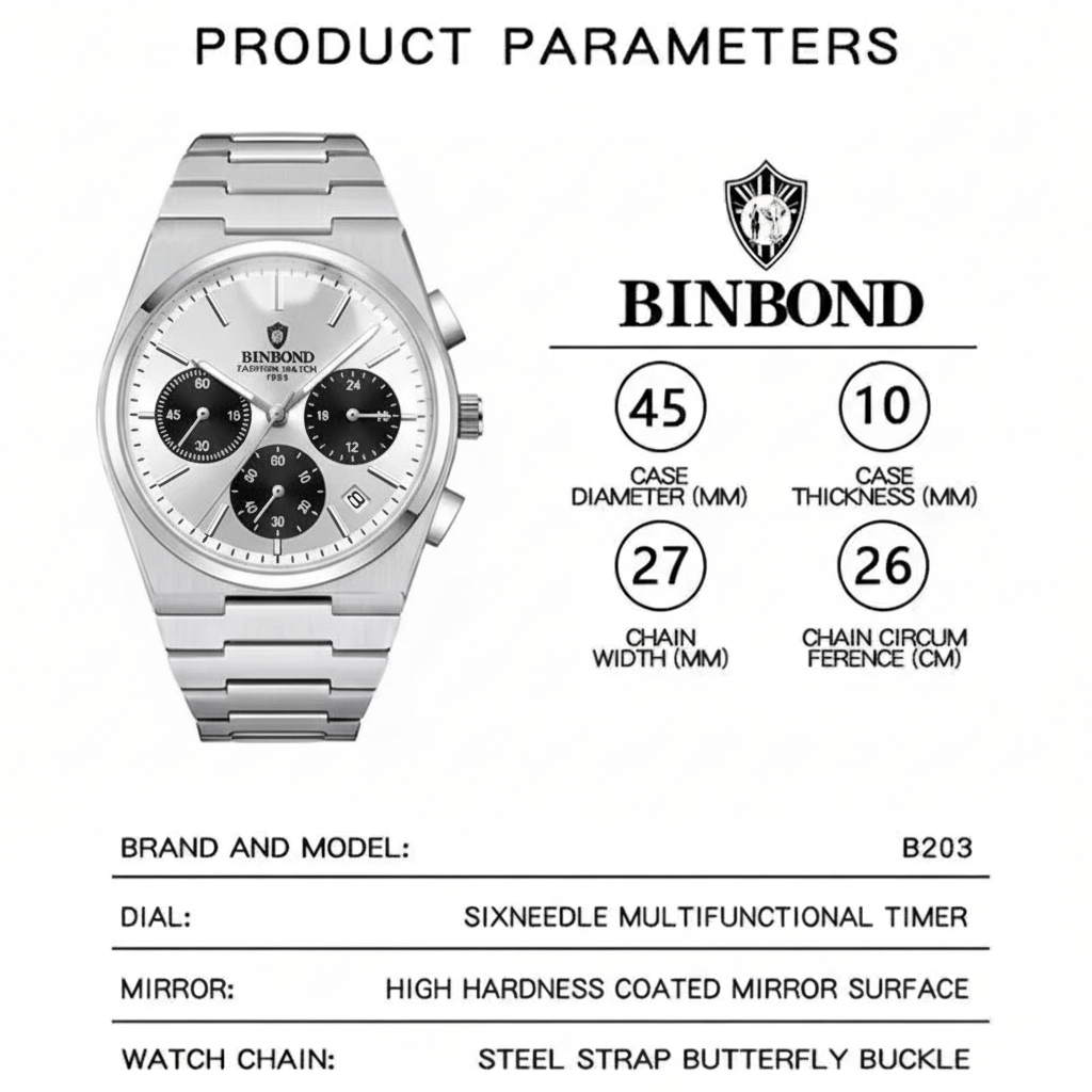BINBOND Chronograph Waterproof Quartz Movement Men's Watch