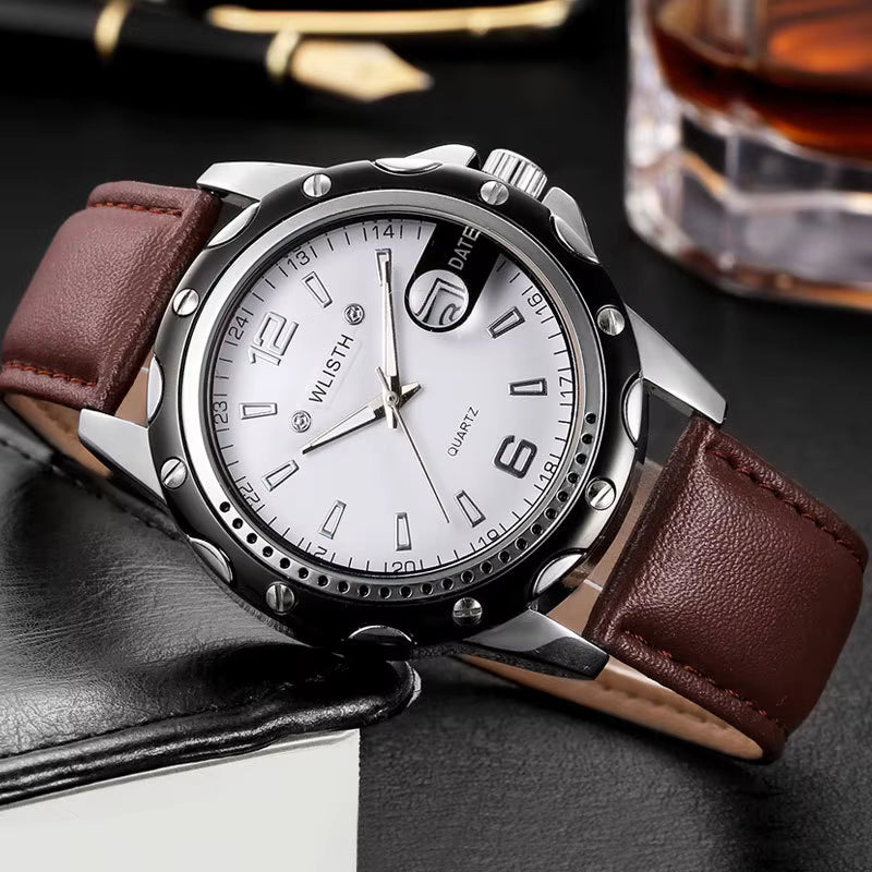 Wlisth Day Display Luminous Hands Leather Strap Men's Wrist Watch