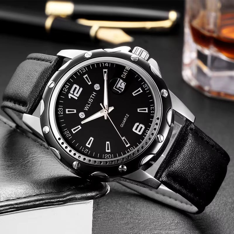 Wlisth Day Display Luminous Hands Leather Strap Men's Wrist Watch