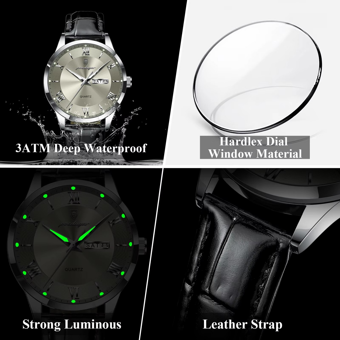 Poedagar Leather Strap Water Resistant Men's Watch