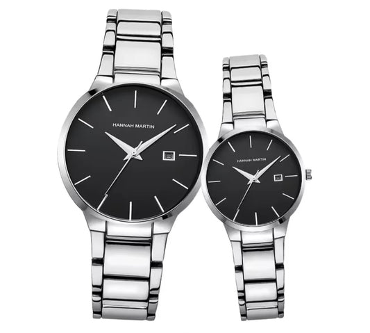 HANNAH MARTIN WaterProof Stainless Steel Couple Watch - Silver Black