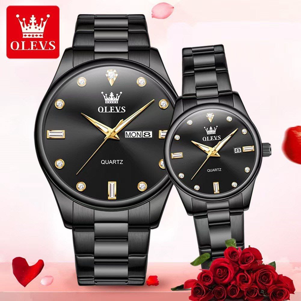 OLEVS 3621 Water Proof Stainless Steel Date Display Couple Watch - Black