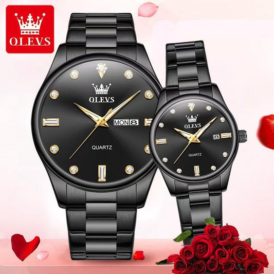 OLEVS 3621 Water Proof Stainless Steel Date Display Couple Watch - Black