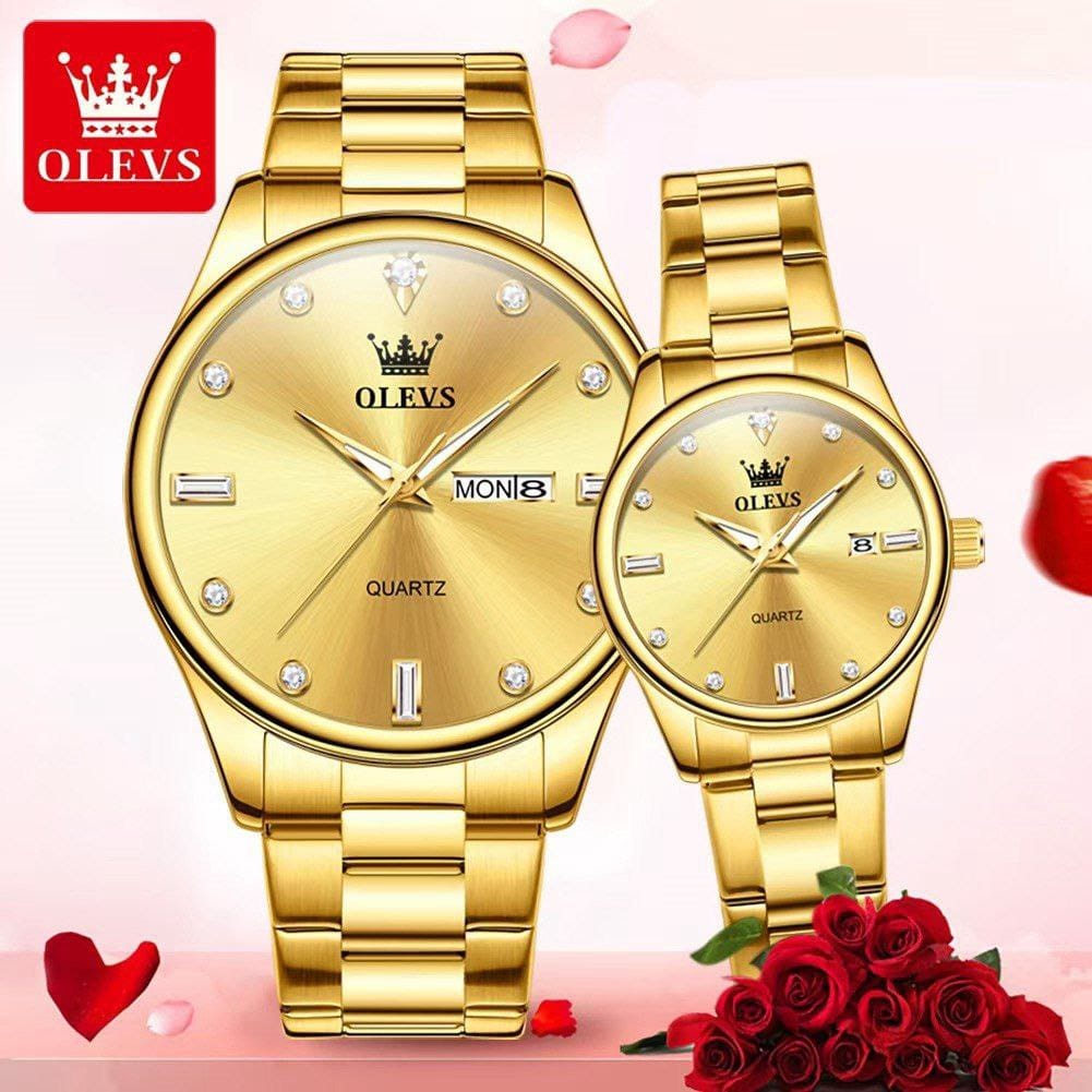 OLEVS 3621 Water Proof Stainless Steel Date Display Couple Watch - Gold