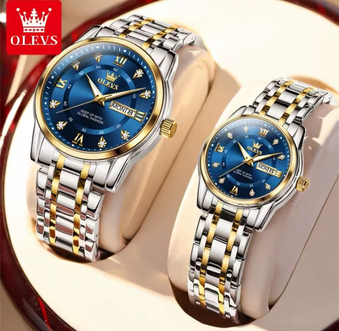 OLEVS 5513 Water Resistant Stainless Steel Luminous Couple Watch - 2 Tone Blue