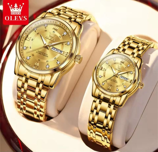 OLEVS 5513 Water Resistant Stainless Steel Luminous Couple Watch - Gold