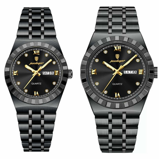 Poedagar 872 Water Resistant Stainless Steel Luminous Couple Watch - Black