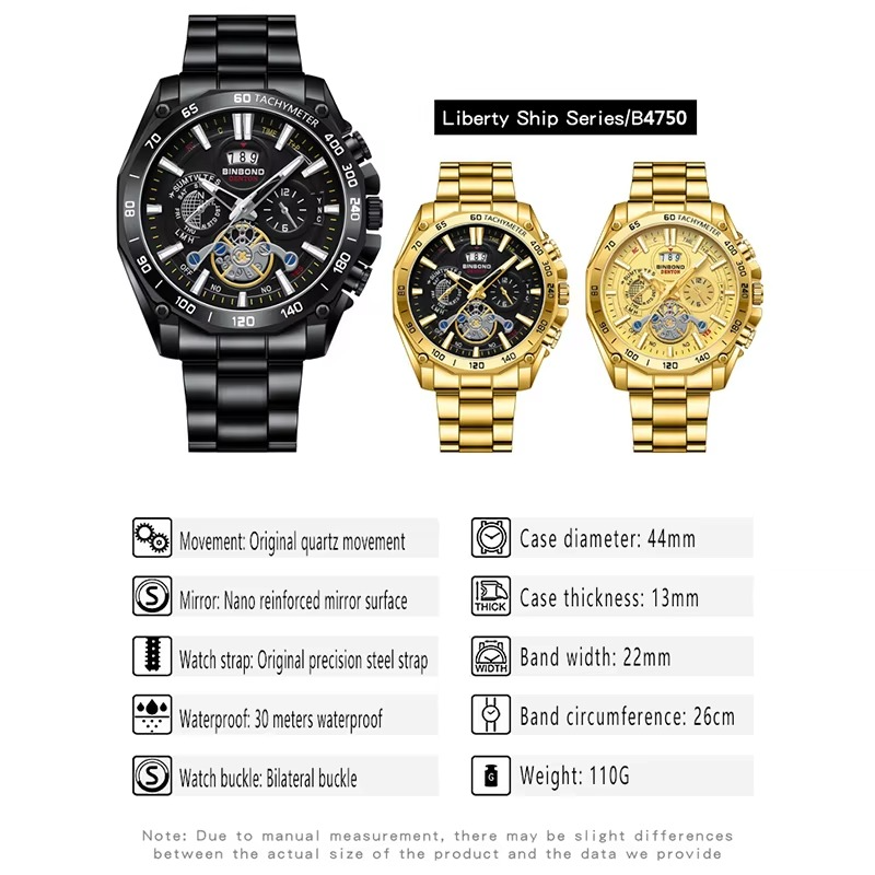 BINBOND Original Stainless Steel Luminous Waterproof Men's Watch