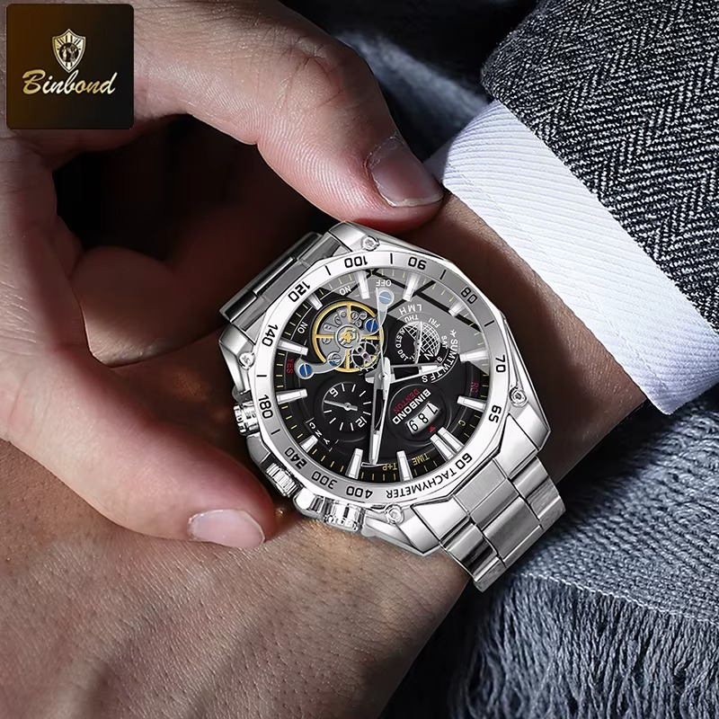 BINBOND Original Stainless Steel Luminous Waterproof Men's Watch