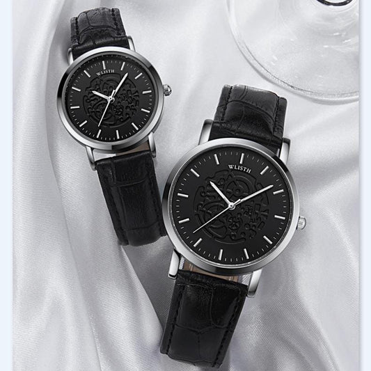 WLISTH Leather Strap Water Resistant Couple Watch - Black