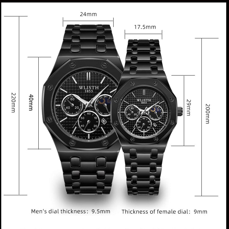 WLISTH Stainless Steel Water Resistant Couple Watch 6149 - Black