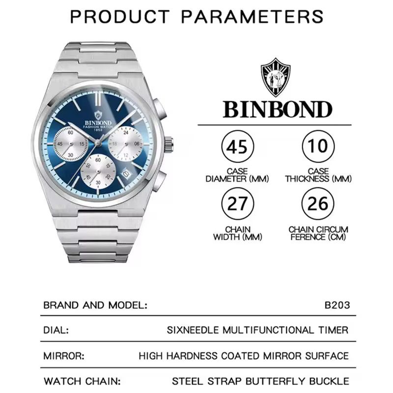 BINBOND Chronograph Waterproof Quartz Movement Men's Watch