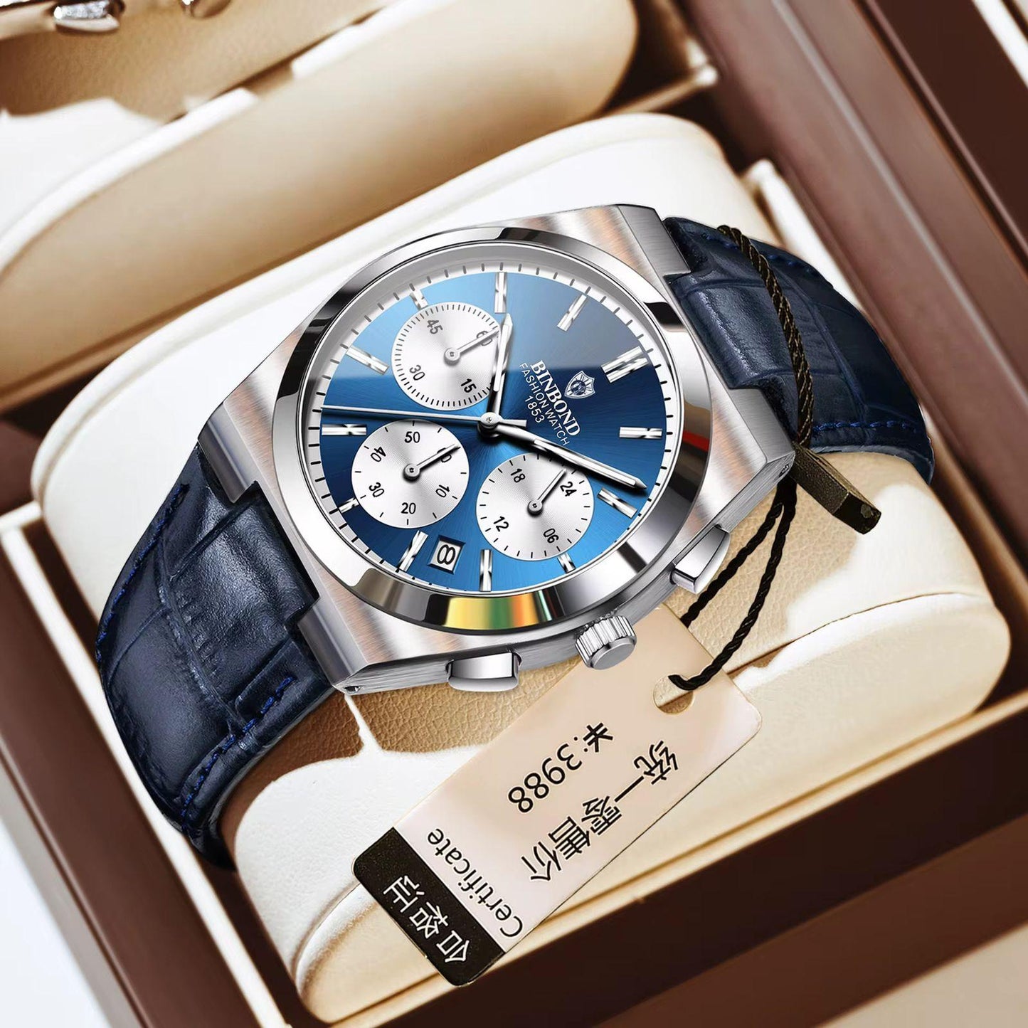 BINBOND Chronograph Waterproof Quartz Movement Men's Watch Leather