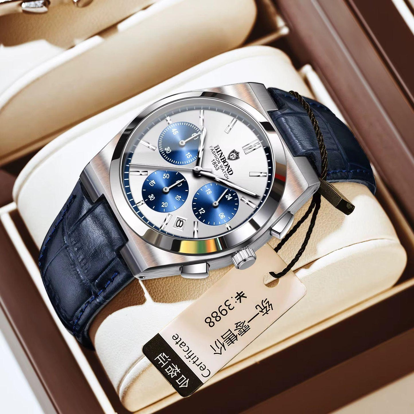 BINBOND Chronograph Waterproof Quartz Movement Men's Watch Leather