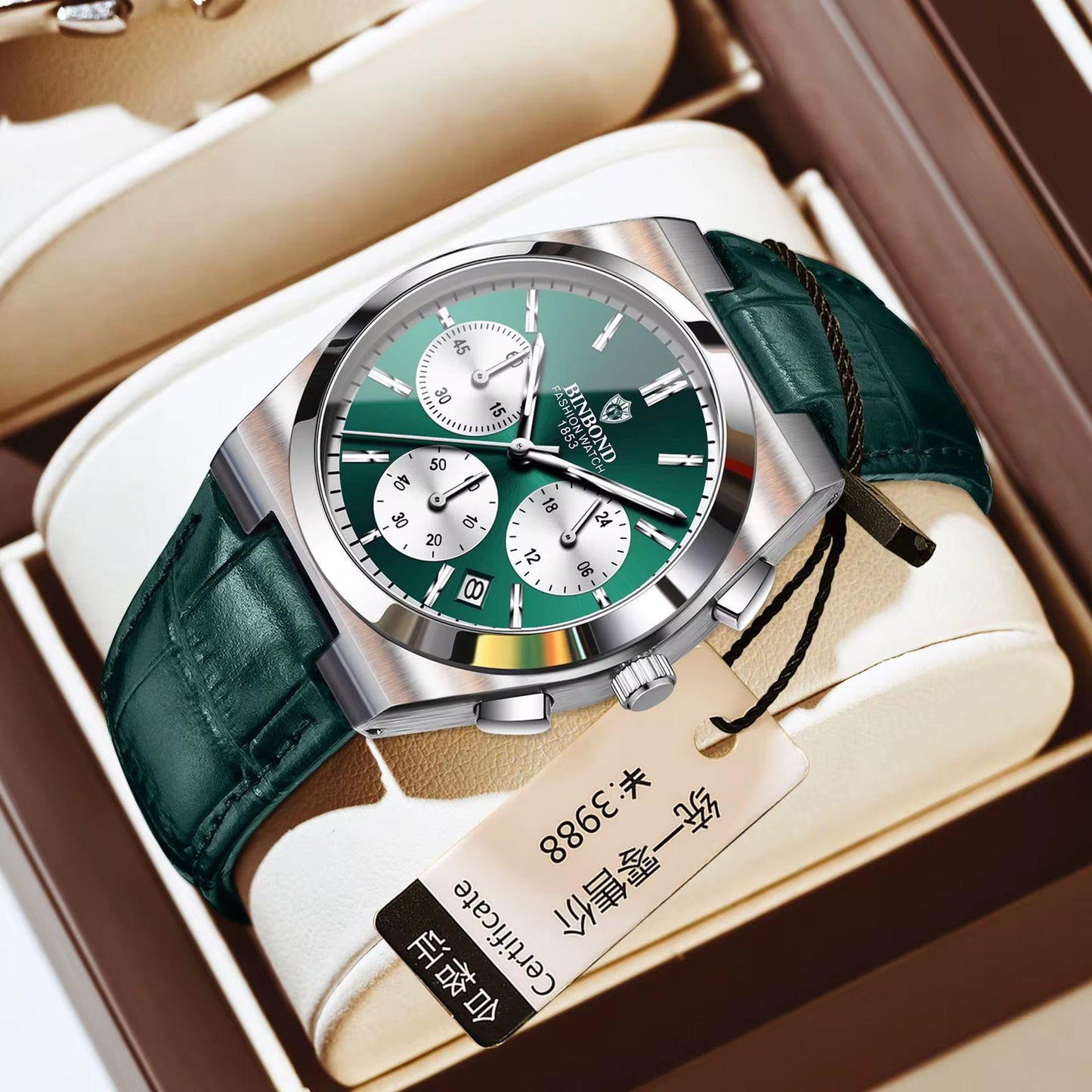 BINBOND Chronograph Waterproof Quartz Movement Men's Watch Leather