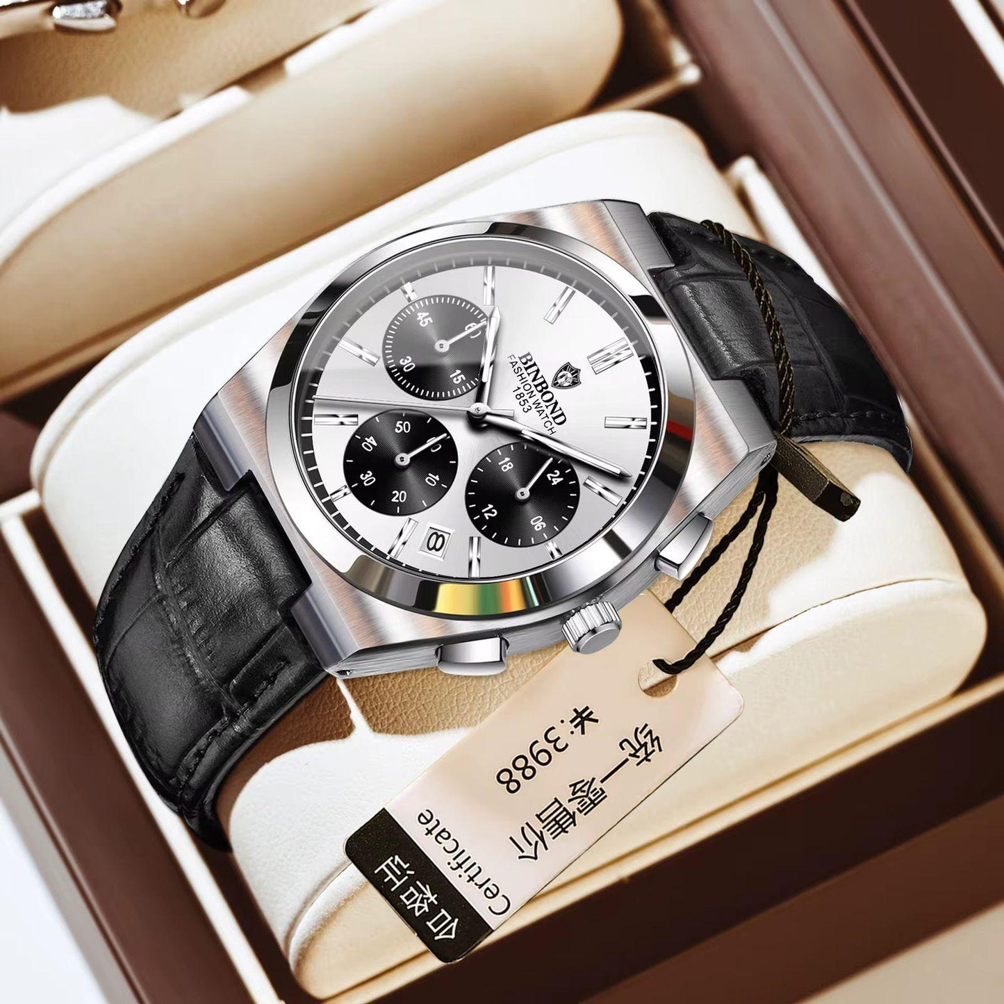 BINBOND Chronograph Waterproof Quartz Movement Men's Watch Leather