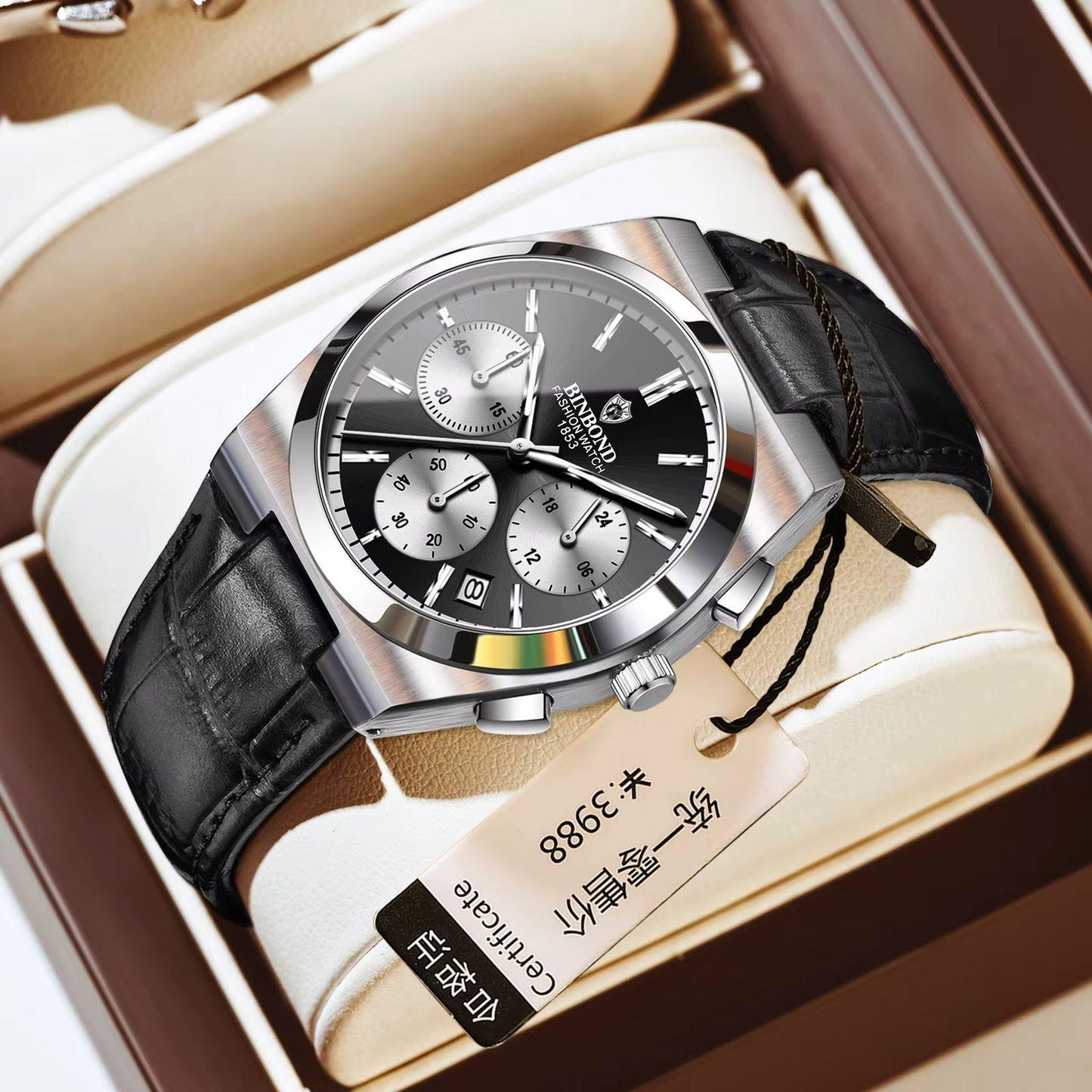 BINBOND Chronograph Waterproof Quartz Movement Men's Watch Leather