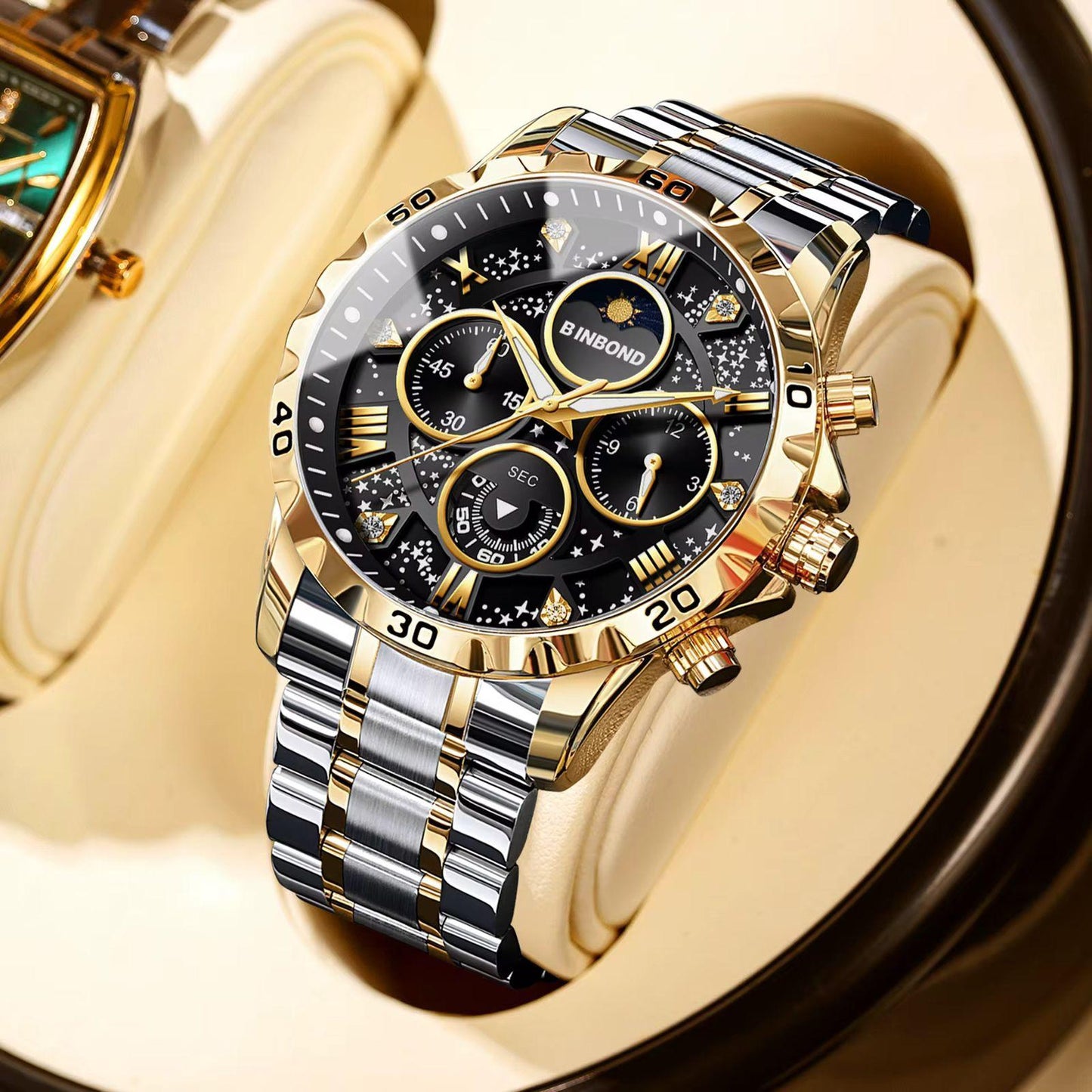 BINBOND Waterproof Luminous Chronograph Moon Phase Men's Watch