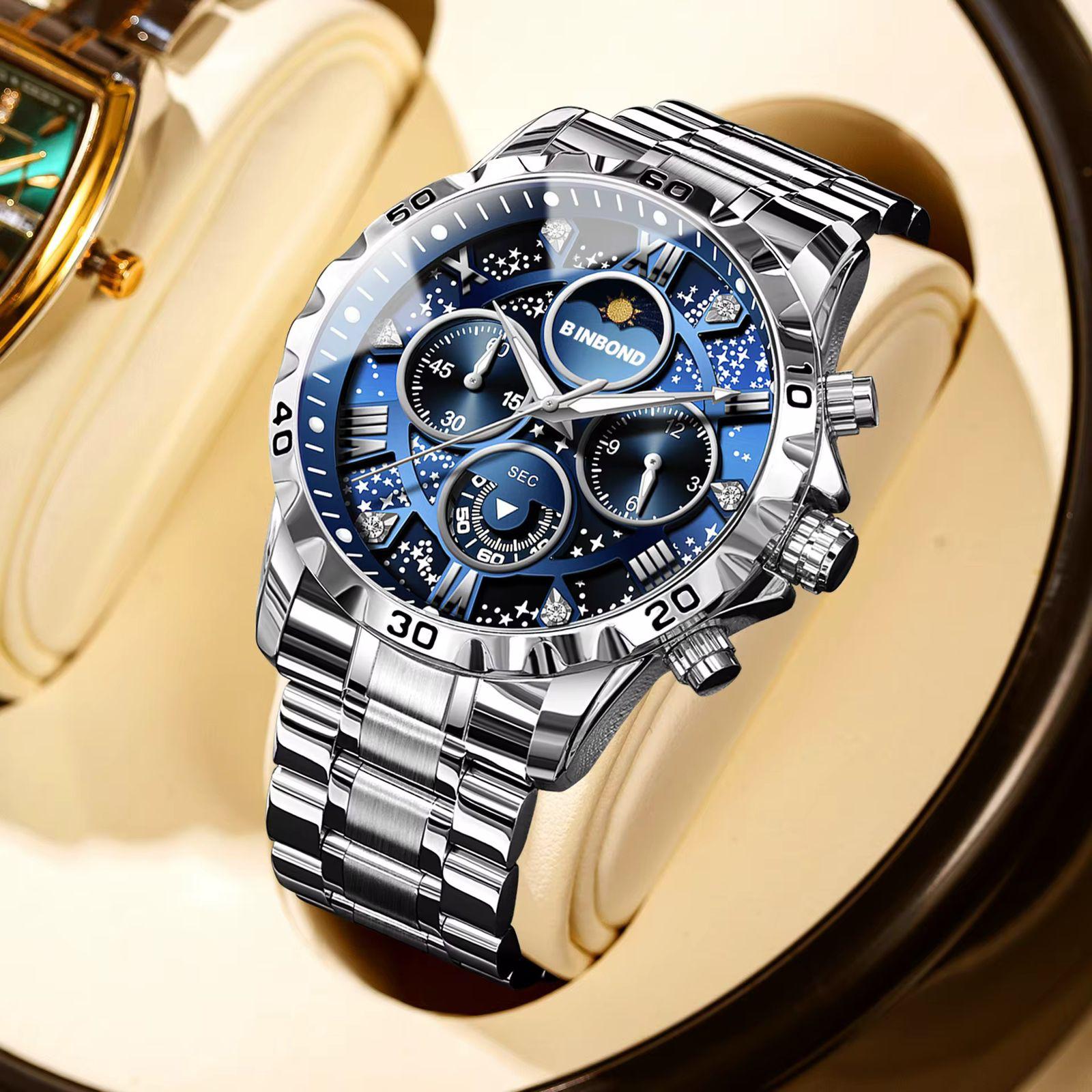 BINBOND Waterproof Luminous Chronograph Moon Phase Men's Watch