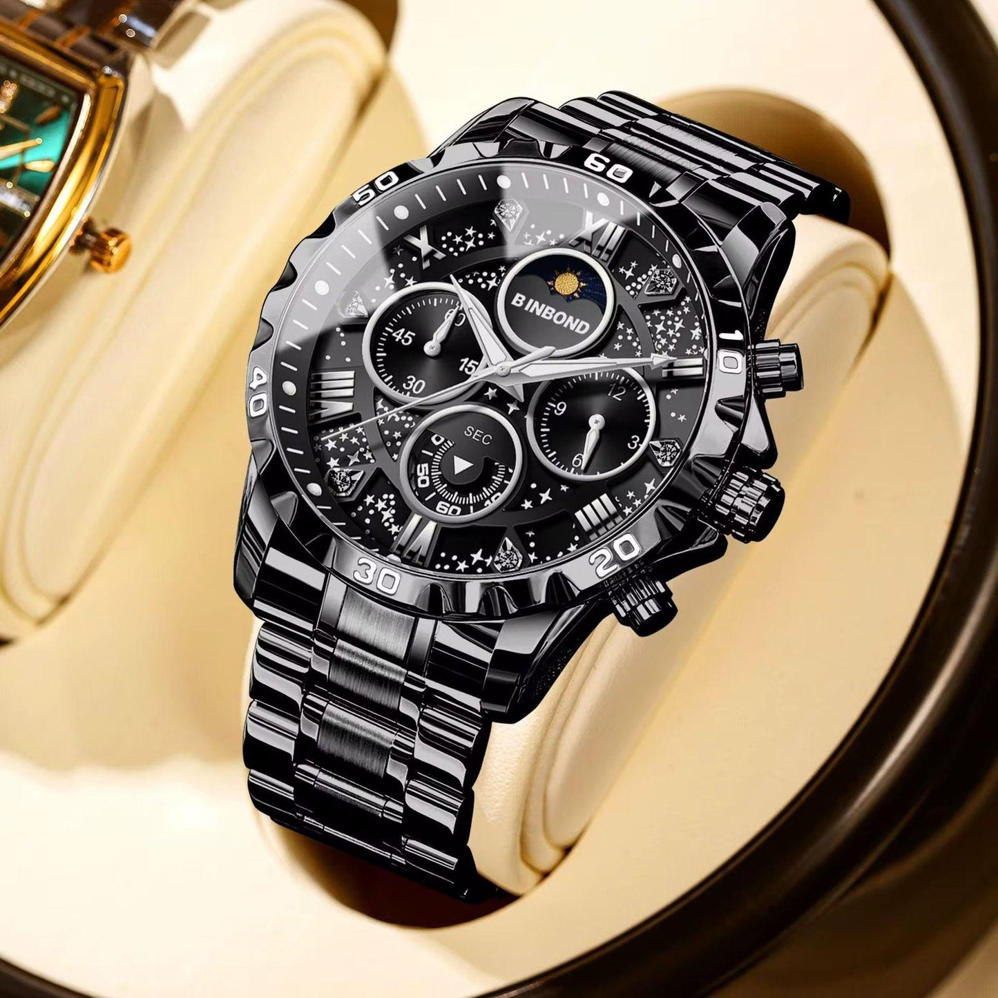 BINBOND Waterproof Luminous Chronograph Moon Phase Men's Watch