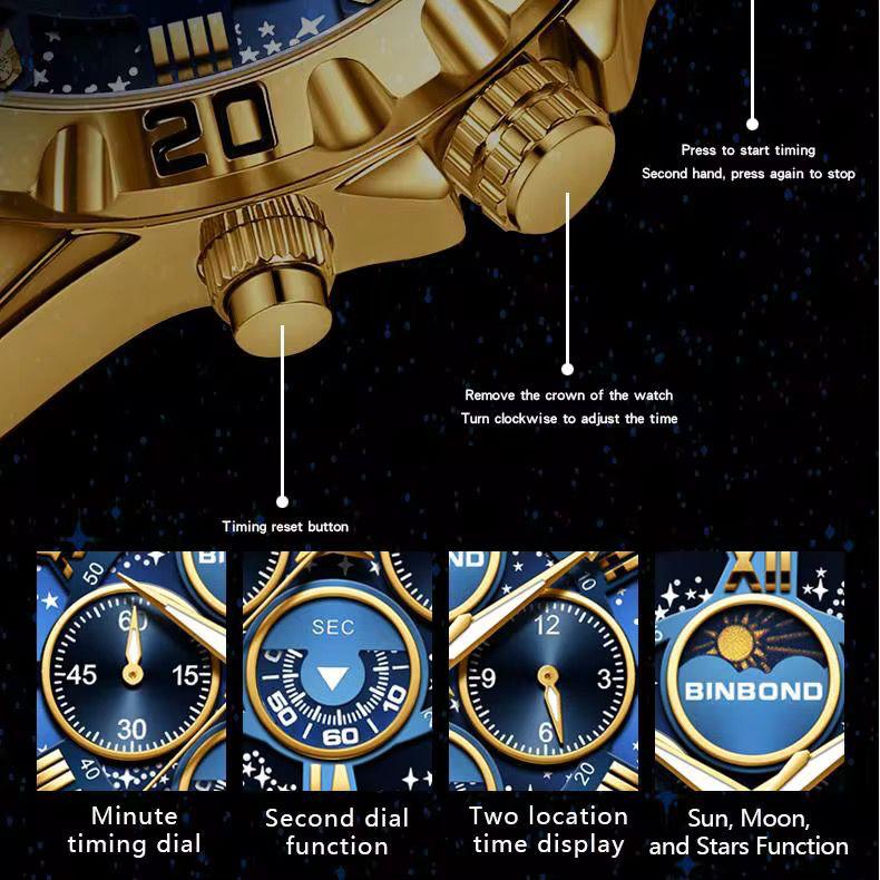 BINBOND Waterproof Luminous Chronograph Moon Phase Men's Watch