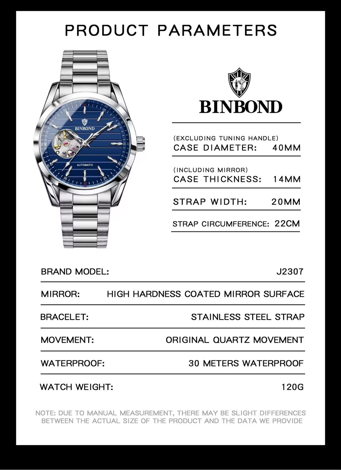 BINBOND Original Mechanical Movement WaterProof Luminous Men's Watch