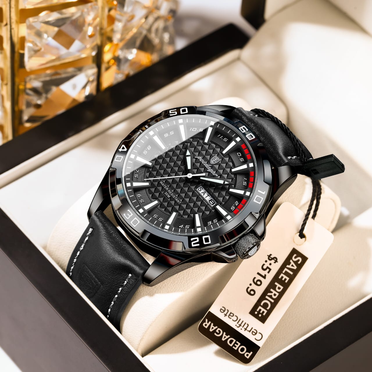 POEDAGAR Quartz 3ATM Deep Waterproof Leather Strap Men's Wristwatch