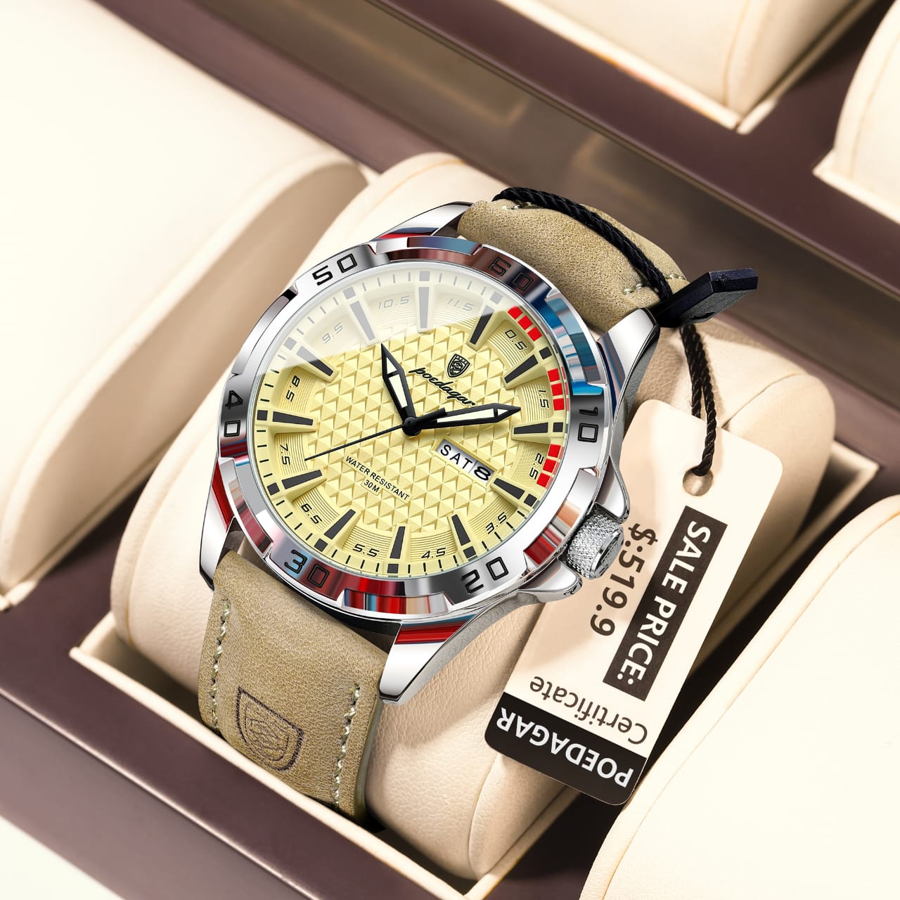 POEDAGAR Quartz 3ATM Deep Waterproof Leather Strap Men's Wristwatch