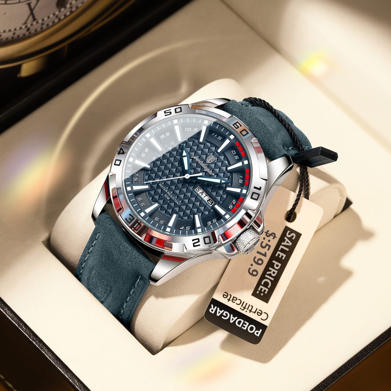 POEDAGAR Quartz 3ATM Deep Waterproof Leather Strap Men's Wristwatch