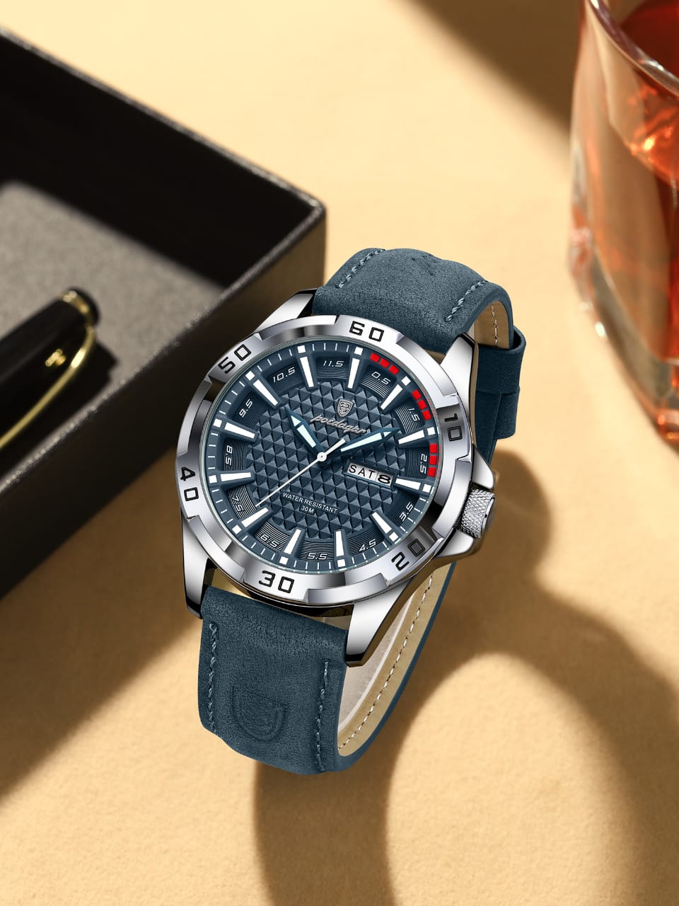 POEDAGAR Quartz 3ATM Deep Waterproof Leather Strap Men's Wristwatch