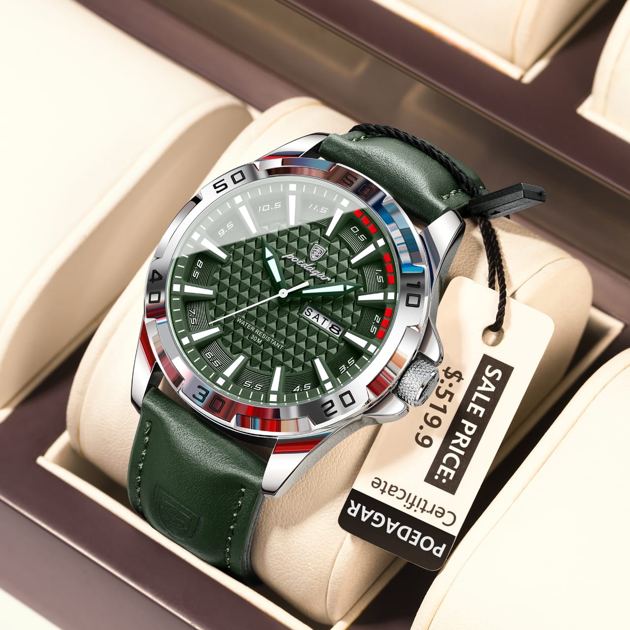 POEDAGAR Quartz 3ATM Deep Waterproof Leather Strap Men's Wristwatch