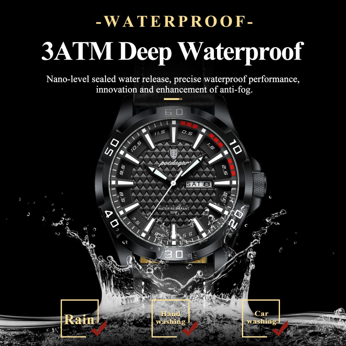 POEDAGAR Quartz 3ATM Deep Waterproof Leather Strap Men's Wristwatch