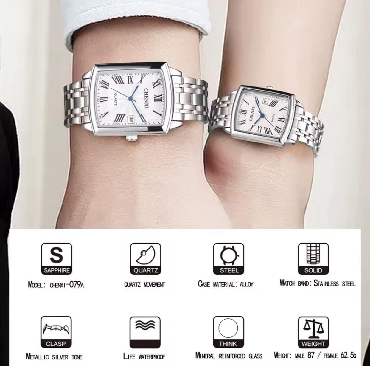 CHENXI 079A Stainless Steel Water Resistant Couple Watch - Silver Black