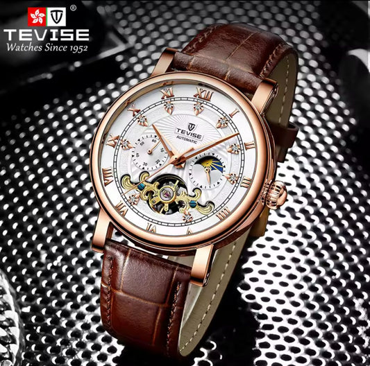 TEVISE 867 Automatic Mechanical Genuine Leather Men's Watch White