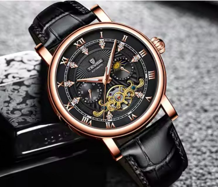 TEVISE 867 Automatic Mechanical Genuine Leather Men's Watch Black