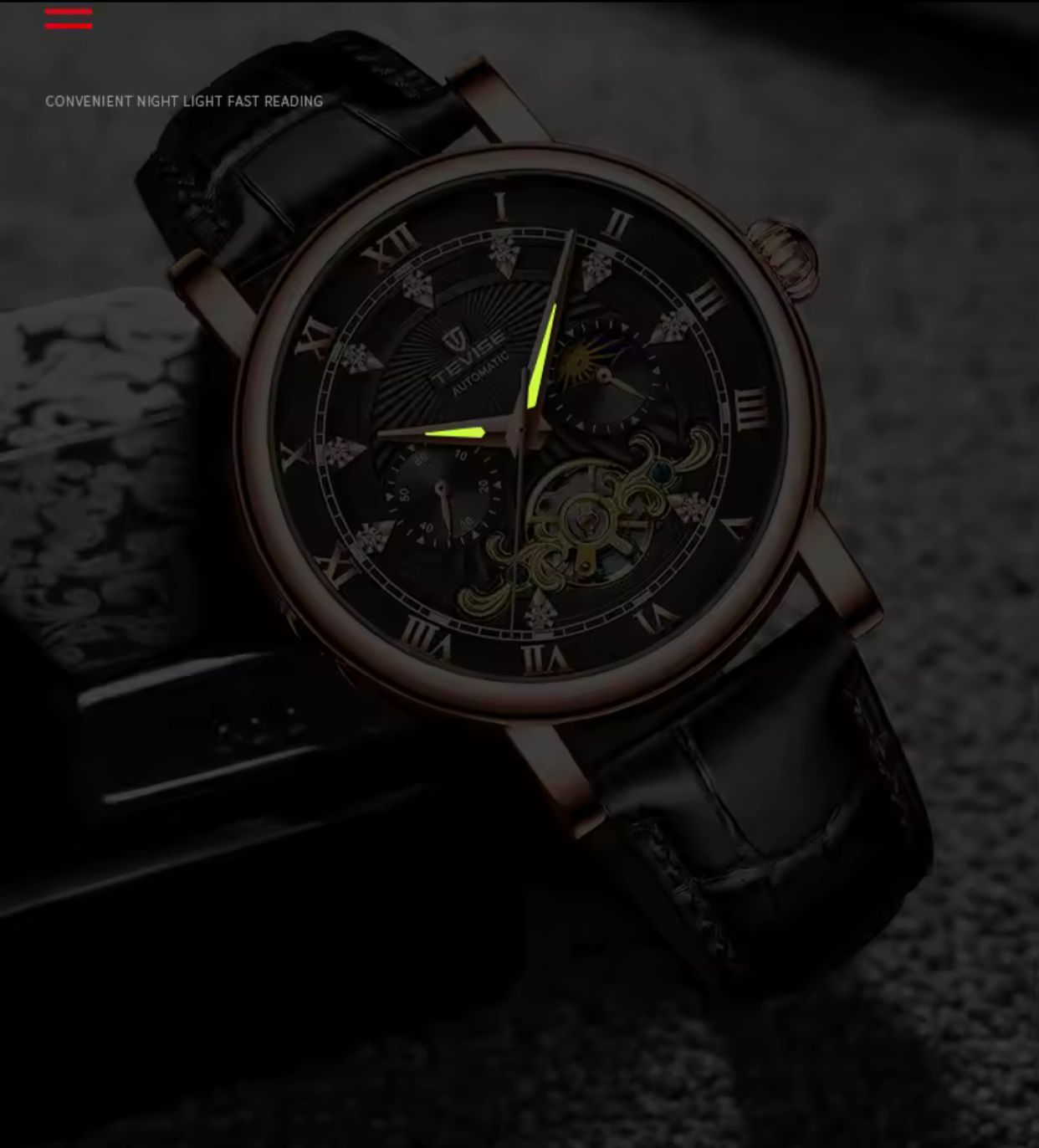 TEVISE 867 Automatic Mechanical Genuine Leather Men's Watch Black