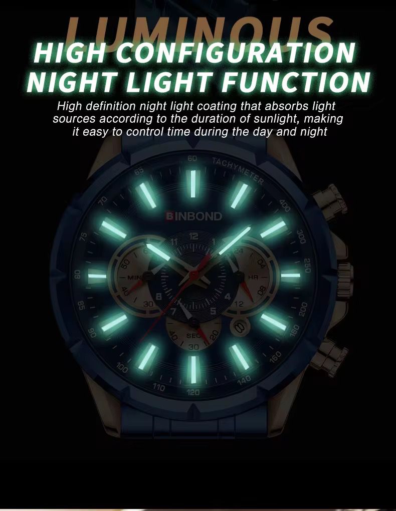 Binbond Chronograph Stainless Steel Waterproof Luminous Men's Watch