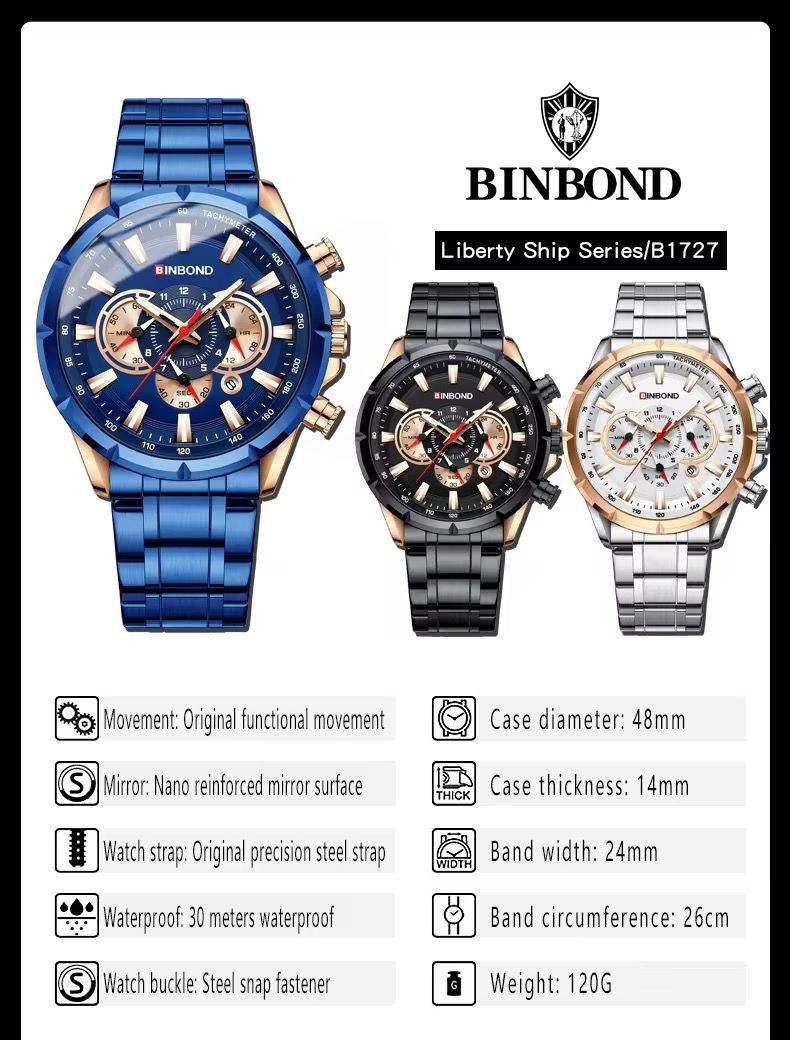Binbond Chronograph Stainless Steel Waterproof Luminous Men's Watch