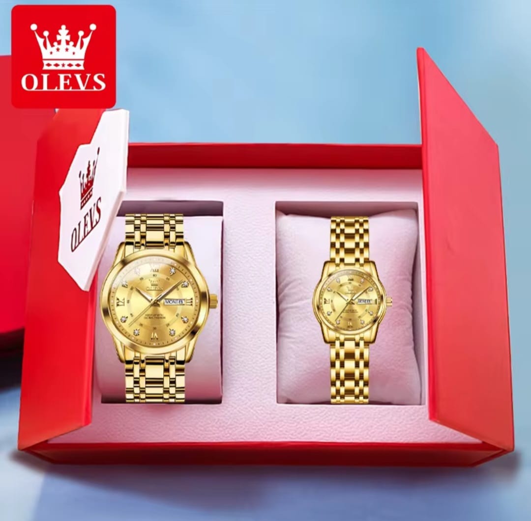 OLEVS 5513 Water Resistant Stainless Steel Luminous Couple Watch - Gold