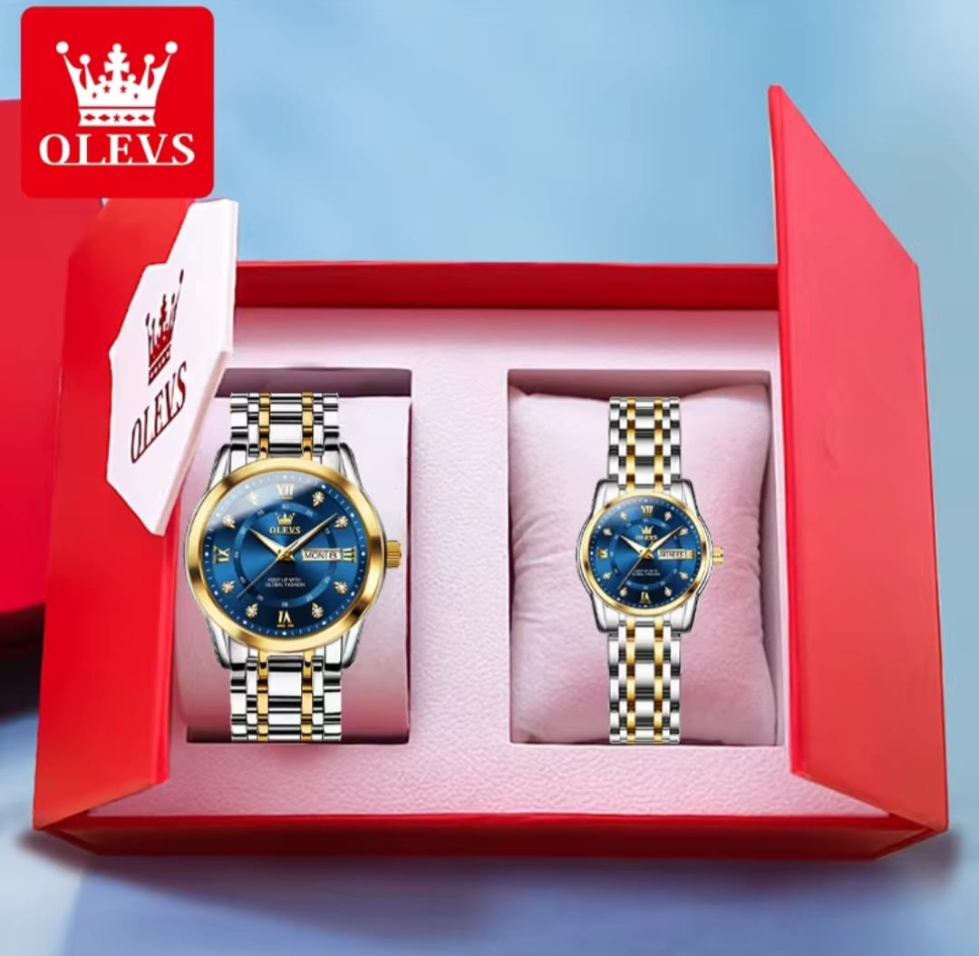 OLEVS 5513 Water Resistant Stainless Steel Luminous Couple Watch - 2 Tone Blue